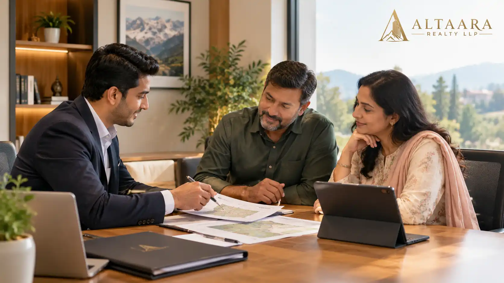 Property consultant explaining Bhulekh Uttarakhand land records to a family